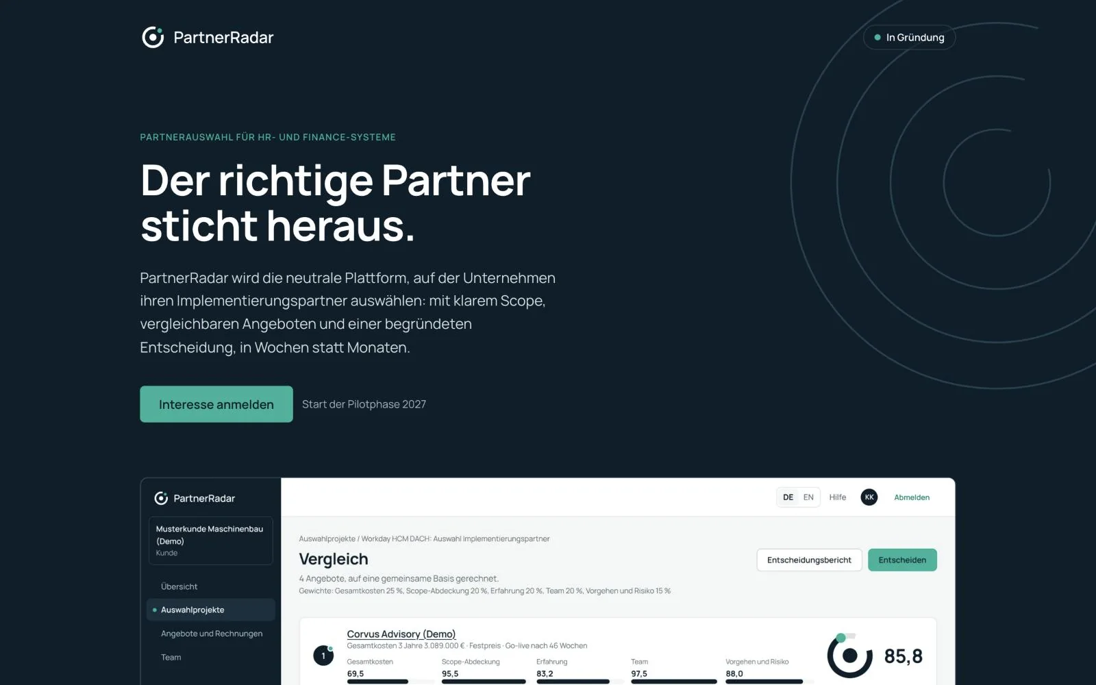 Startseite von partnerradar.io: „Der richtige Partner sticht heraus.“ mit Blick in den Angebotsvergleich
